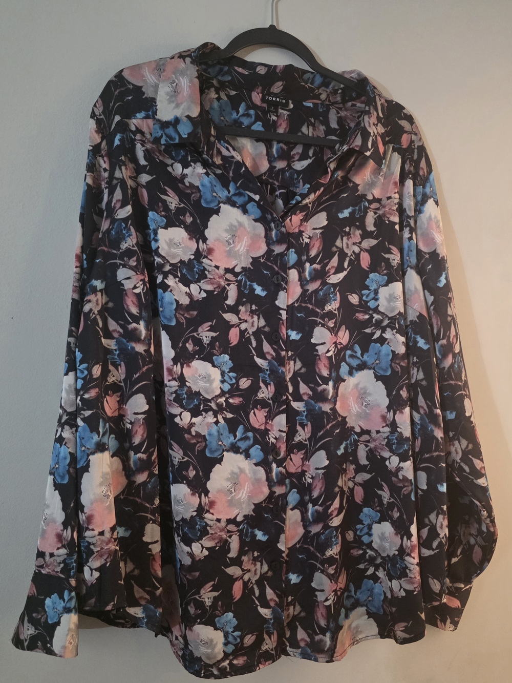 torrid Black Floral Button-Down Shirt with Pink & Blue Flowers